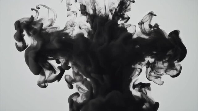 Black ink spreading and swirling in water on a plain white background