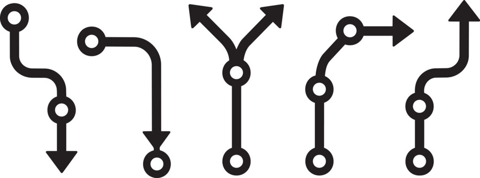 Workflow and Git Branching Vector Icons Set - Curved Arrow Lines with Nodes for Timeline and Process Diagram