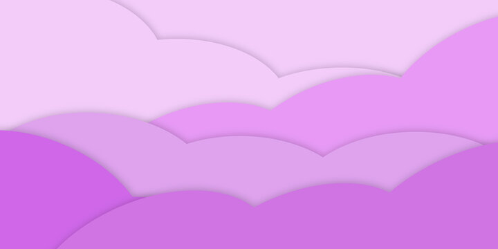 Paper cut background illustration with wavy cloud layers in soft pink and purple shades with shadows. Abstract backdrop for web banners, posters, card designs, and covers.