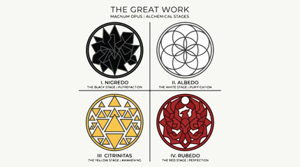 Fototapeta premium Alchemical symbols representing the four stages of the great work are displayed in a structured grid format.