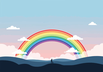 Obraz premium Rainbow over hills with clouds.