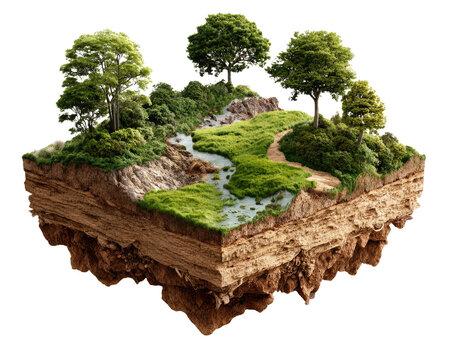 Cross-section of a Lush Ecosystem: A detailed cross-section reveals a vibrant miniature landscape, showcasing a flowing stream, rolling green hills, diverse trees, and exposed soil layers.