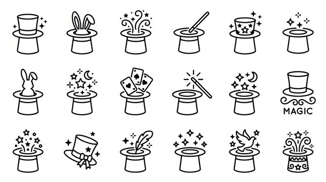 Collection of whimsical magic hat illustrations with various playful elements emerging.