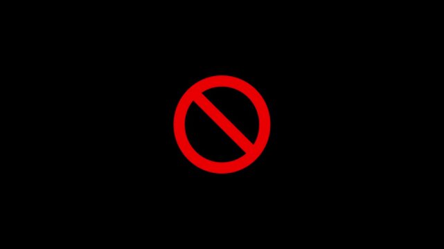 Red prohibition symbol with crumpled texture animated on black background, forbidden or no entry sign icon. no icon, no sign