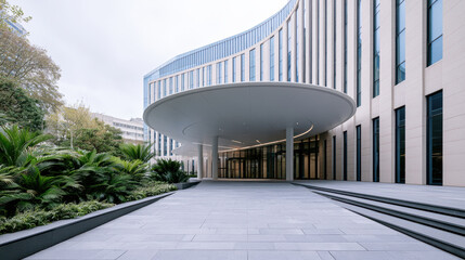 Fototapeta premium Modern hospital exterior with curved glass facade, large entrance canopy, clean lines, and landscaped greenery, evoking calm and professionalism
