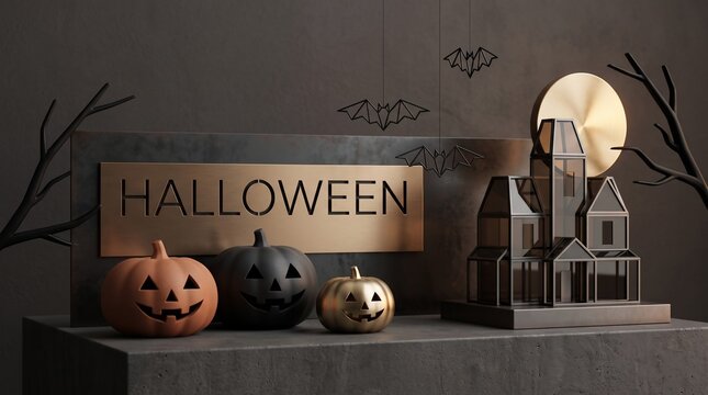 Minimalist halloween display featuring golden text signage pumpkins and miniature haunted house architectural model with showcases sophisticated halloween