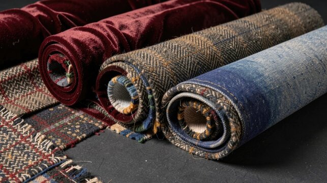 Mixed fabric rolls velvet tweed denim, varied textures, rich textile background for design