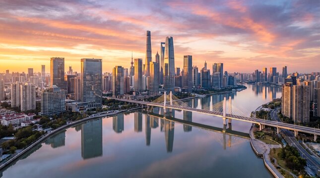 Panoramic View of Modern City Skyline Along Riverbank at Sunset