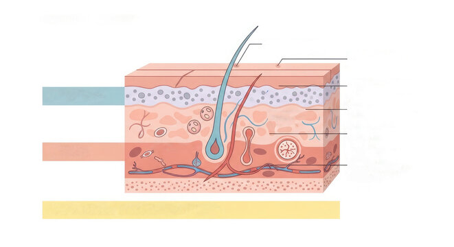 Educational medical illustration showing a cross section of human skin layers including the epidermis dermis and hypodermis with hair follicle anatomy