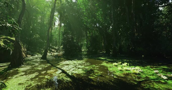 sundappled swamp floor with scattered light patches and lush vegetation lively green palette and textured ground offer fresh, optimistic atmosphere