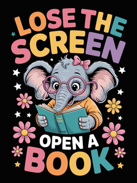 A cute cartoon elephant with glasses and a bow reads a book surrounded by flowers.