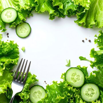 Fresh green lettuce and cucumber slices with fork on white background.