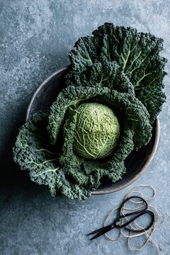 Fresh savoy cabbage with textured leaves presented in a dark bowl with scissors and twine