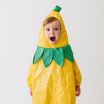 Surprised toddler wearing a bright yellow banana costume with green leaves