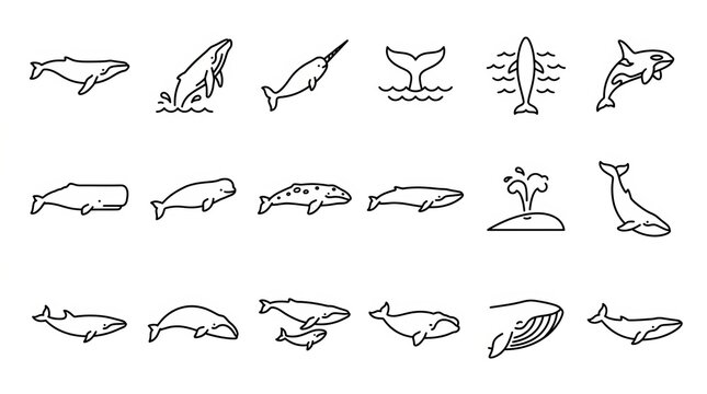 Collection of diverse whale and marine mammal line art illustrations