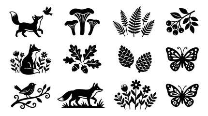 Collection of black silhouettes of forest animals, plants, and insects. © Vario