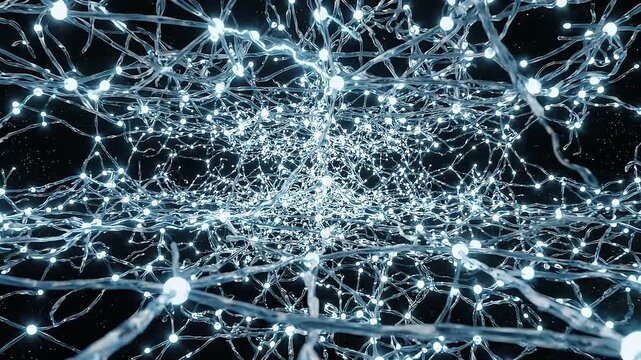 Abstract representation of interconnected glowing nodes and wires forming a neural network structure, showcasing depth and complexity in a dark background environment