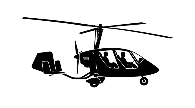 Black silhouette illustration of a light gyrocopter with passengers. Ideal for aviation, rotorcraft transport, and recreational flight design assets.