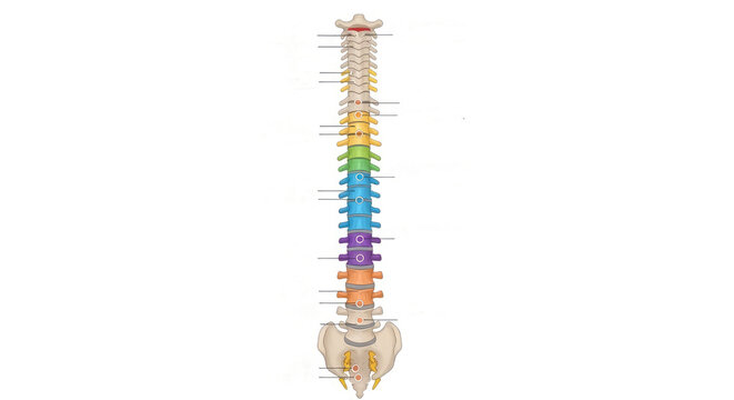 Anatomical illustration of the human vertebral column showing cervical thoracic lumbar and sacral regions with colorful vertebrae on a white background