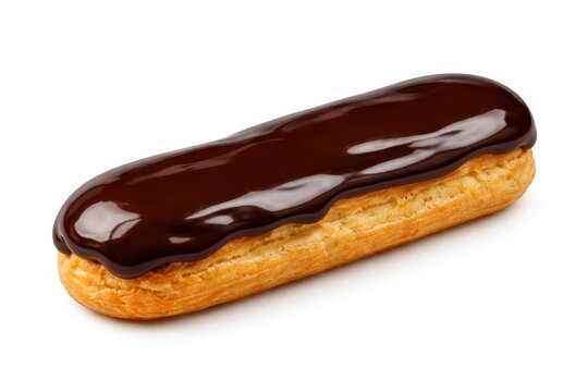 A chocolate-covered eclair on a white background.