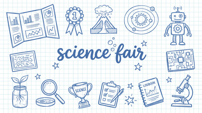 Hand drawn science fair icons set with laboratory equipment and school project symbols on grid paper
