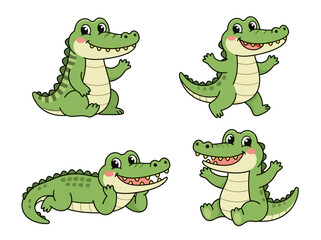 Fototapeta premium Set of cute cartoon crocodiles in various poses and expressions.