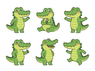 Obraz premium A set of six cute cartoon green alligators in different poses and expressions.