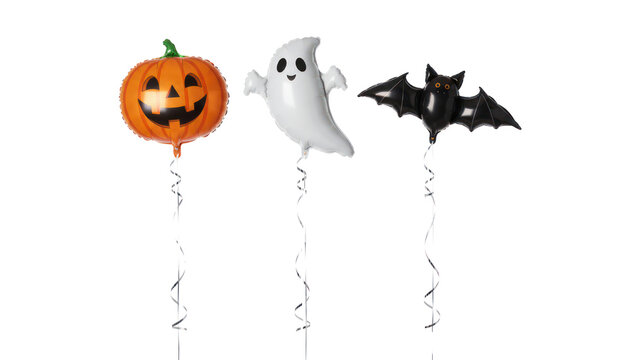 Halloween foil balloons, pumpkin ghost bat shapes, orange black party decorations for spooky celebration event isolated PNG with Transparent Background