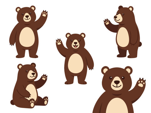 five cute cartoon brown bears waving their paws in various poses.