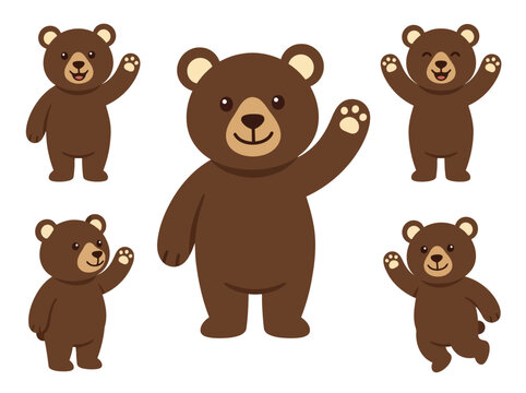 A collection of cute brown bears in various poses waving their paws.