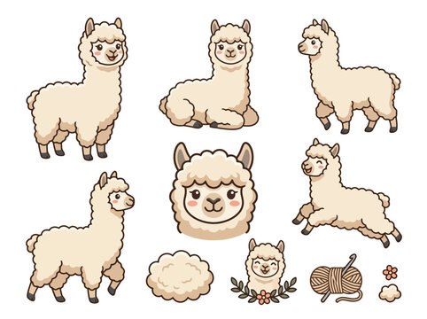 cute cartoon alpacas llamas and wool elements set.