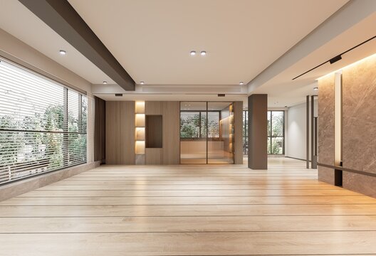 Modern luxury minimal condominium interior with wooden flooring and glass accents