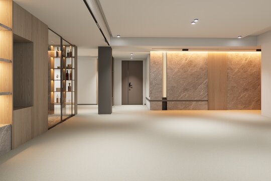 Modern luxury condominium lobby with minimalist design and warm lighting
