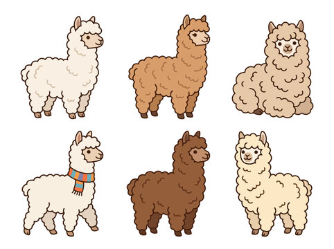 A collection of cute cartoon alpacas in various poses and colors against a white background.