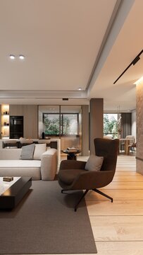Modern minimal living room and kitchen in high end condominium interior