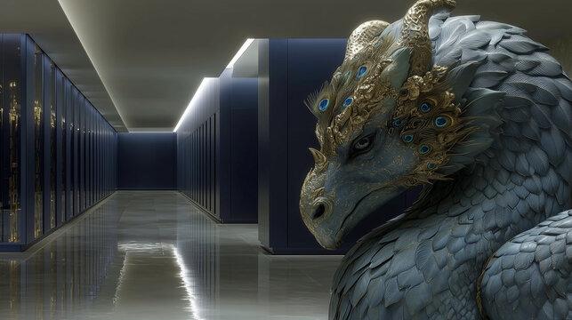 Fantasy Dragon in Modern Server Room with Blue and Gold Accents