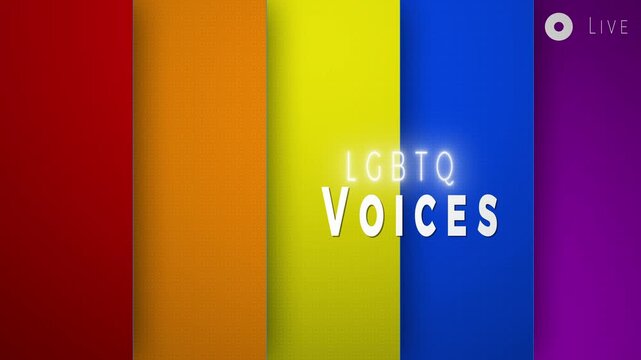 LGBTQ Voices Broadcast Graphic with Glowing Text and Rainbow Pride Background