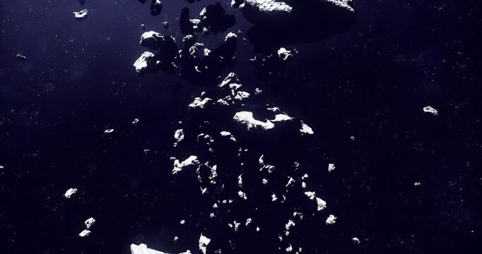 dense asteroid cluster drifting through space with scattered fragments and starlit background, dramatic high contrast, varied rock sizes, sharp edges, distant