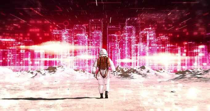 Spaceman running on cratered surface toward high tech digital city skyline render. Abstract Digital Space City Concept.