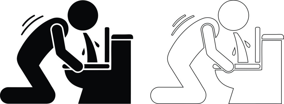Vector illustration features a stickman silhouette and outline kneeling to vomit in a toilet, representing nausea, sickness, and food poisoning symptoms.