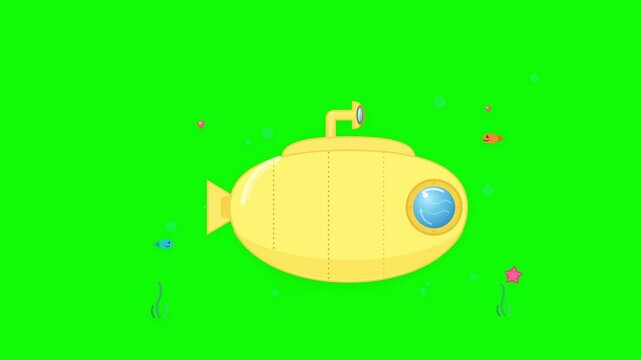 Yellow cartoon submarine animation with fish on green screen
