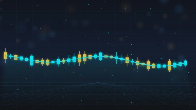Abstract financial trading graph with digital candle chart elements moving in a futuristic cyberspace environment.