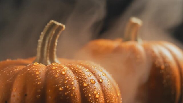 Two orange heirloom pumpkins with fresh water droplets on textured skin in a dark rustic setting, concept of autumn harvest and organic farming