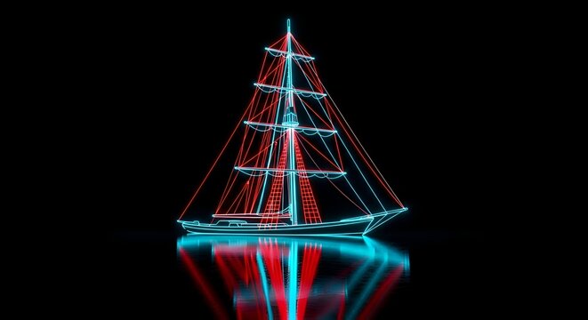 Futuristic tall ship model glowing with neon lights and reflection