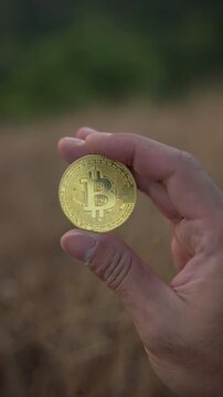 Close-up of a hand displaying a physical Bitcoin coin in a natural outdoor setting with green trees in the background, representing cryptocurrency investment, blockchain, and digital assets.