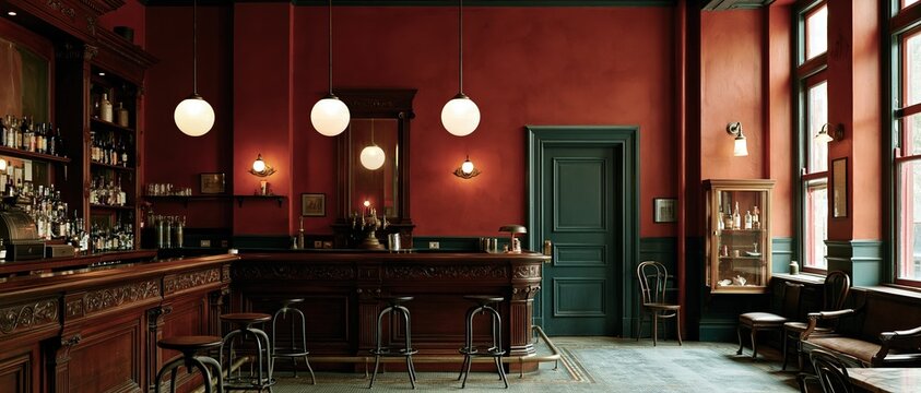 An empty classic vintage pub interior featuring an ornate dark wood bar counter, stools, red walls, and a green door under hanging round white glass globe lights.