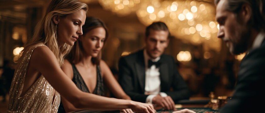 A cinematic close-up photograph capturing a beautiful blonde woman in a glittering gold sequin dress sitting at a luxury casino gaming table. She is reaching out with her hand, while another elegant w