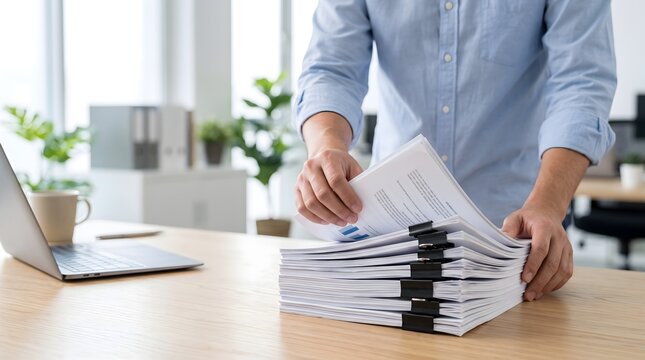 Man in blue shirt organizing stack of documents at office desk