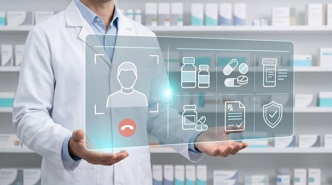 Pharmacist uses digital screen with healthcare icons in pharmacy
