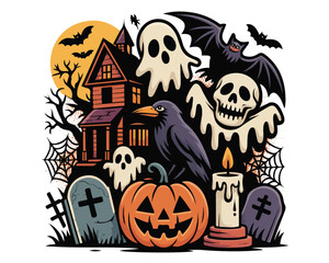 Fototapeta premium Complete Halloween horror collage featuring haunted house pumpkin skull ghost bats raven spider web candle cemetery moon vector illustration isolated on white background